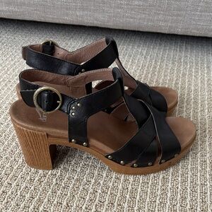 Dansko Black Leather Mules with Tan rubber heel